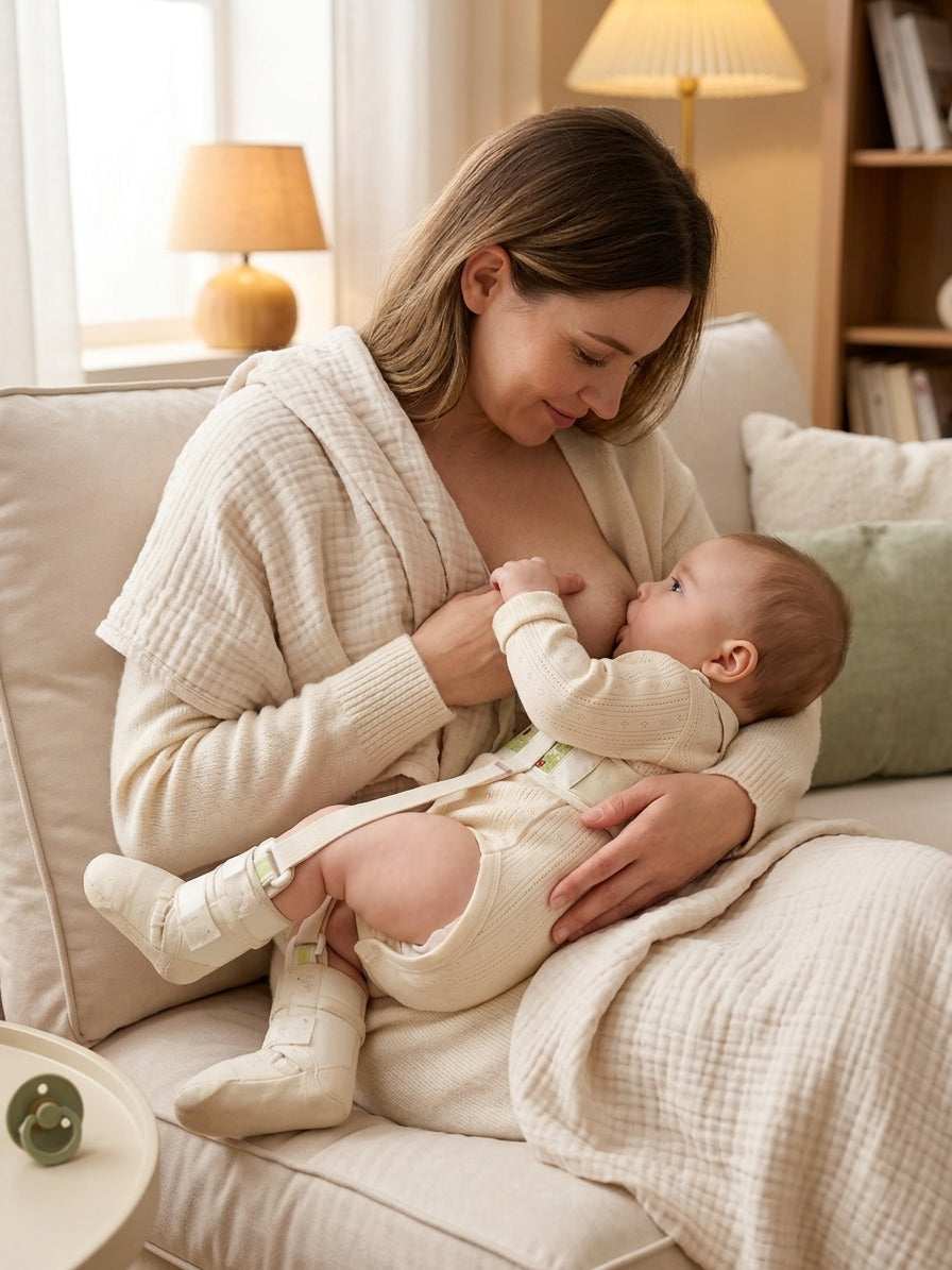 Mother breastfeeding baby with hip dysplasia wearing pavlik harness