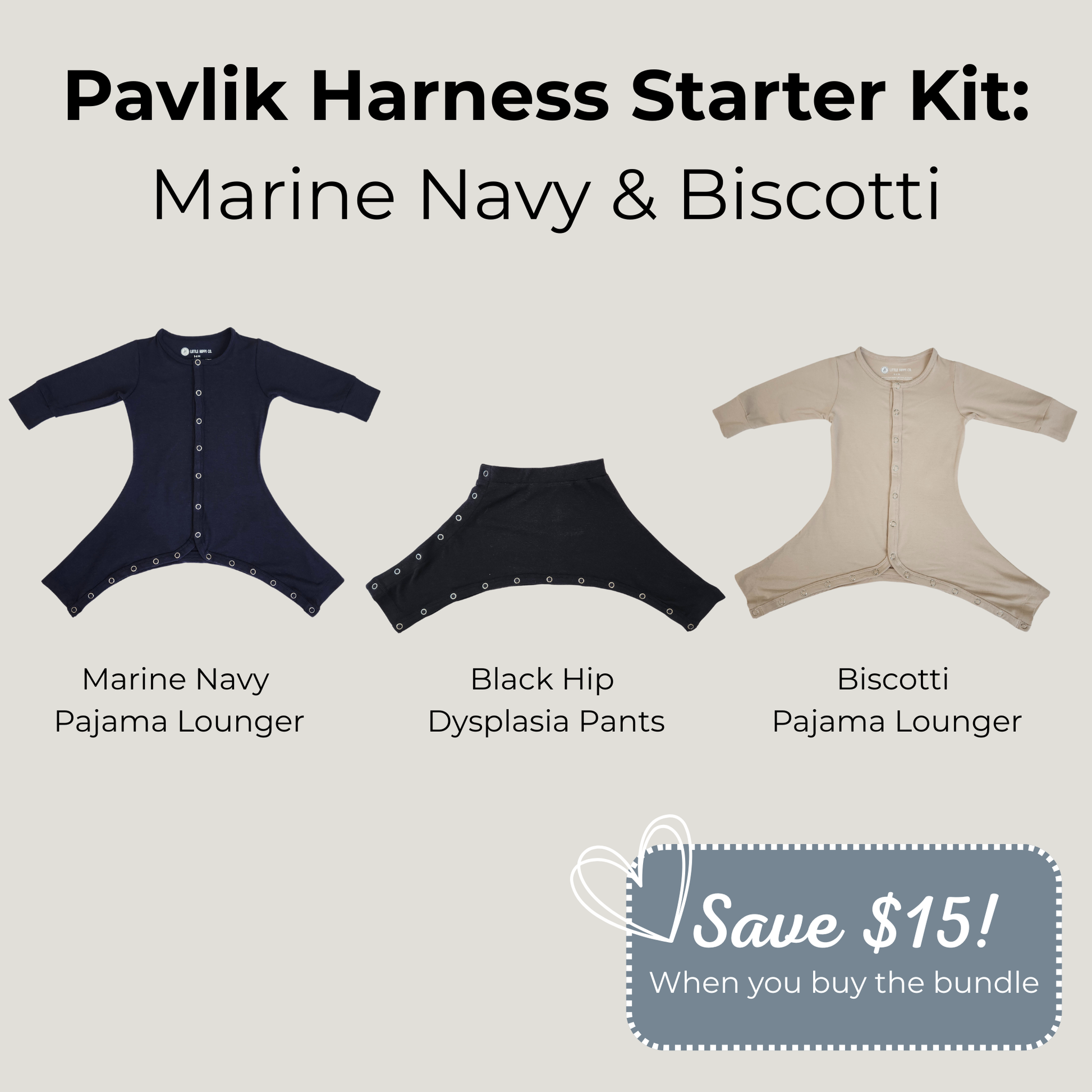 Pavlik Harness Starter Kit bundle featuring two marine navy pajama loungers, one biscotti pajama lounger, and black hip dysplasia pants displayed together as a coordinated baby outfit set with “Bundle & Save” promotional design.